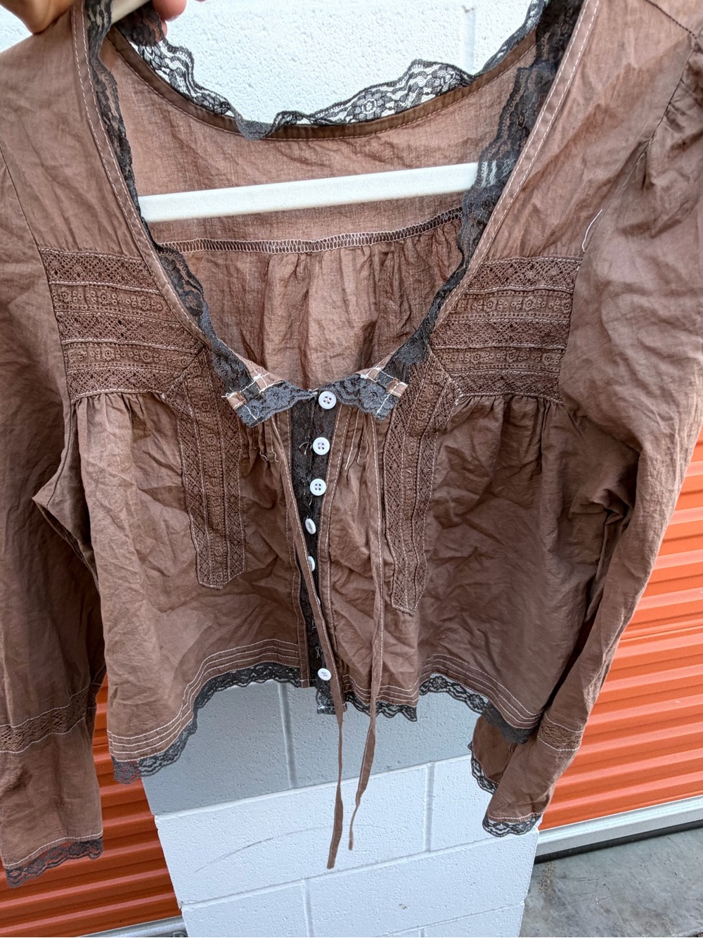 Brown Lace-Trim Button Front Women’s Top